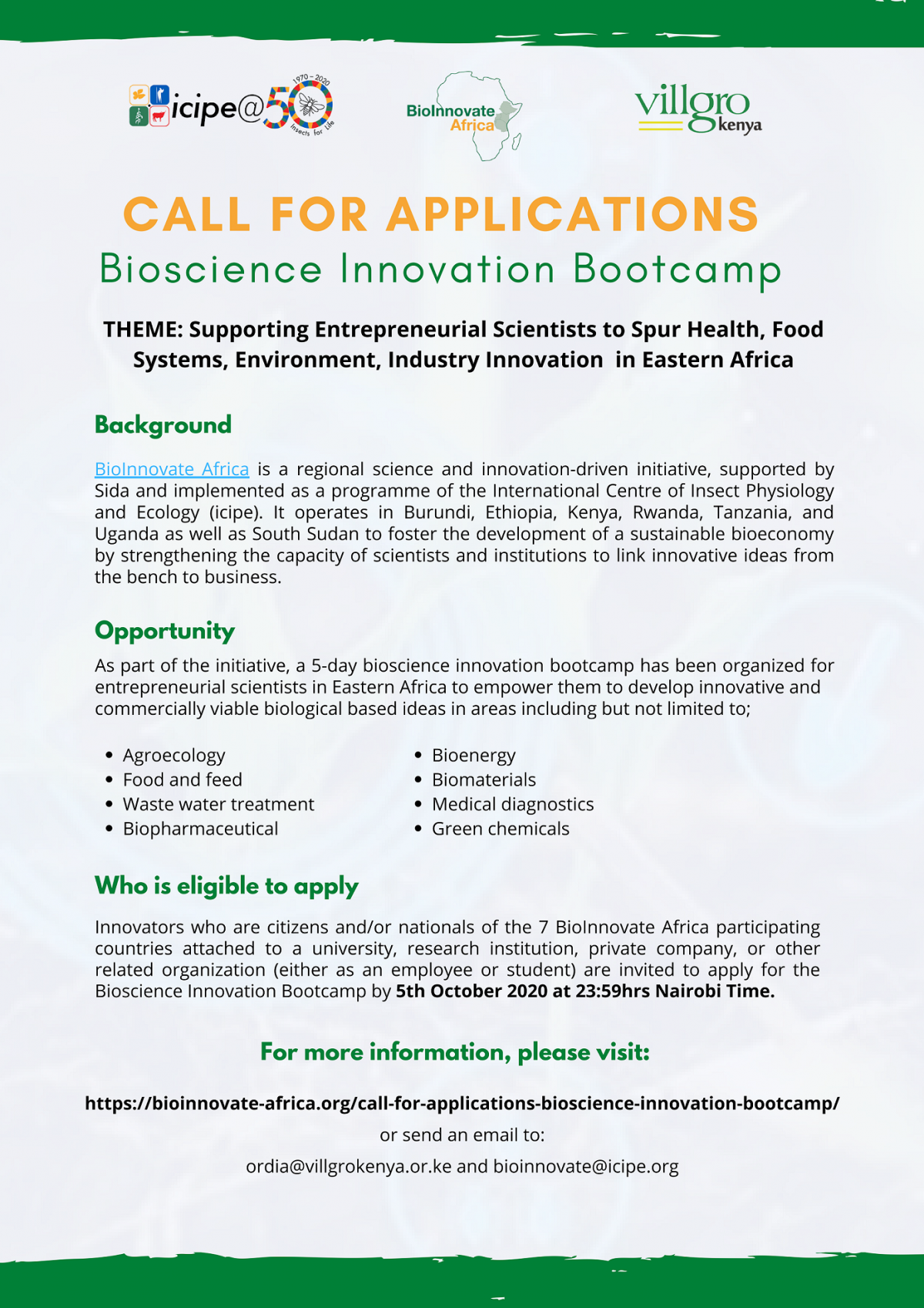 CALL FOR APPLICATIONS – BIOSCIENCE INNOVATION BOOTCAMP