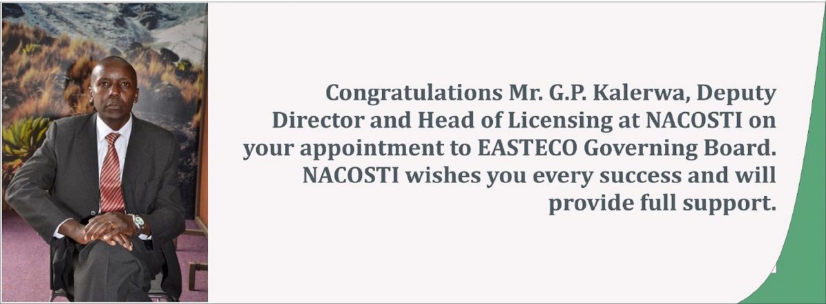NACOSTI STAFF APPOINTED AS A MEMBER OF EASTECO GOVERNING BOARD