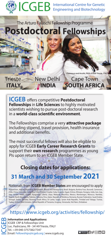 ICGEB POST-DOCTORAL FELLOWSHIPS – 2021 CALL NOW OPEN