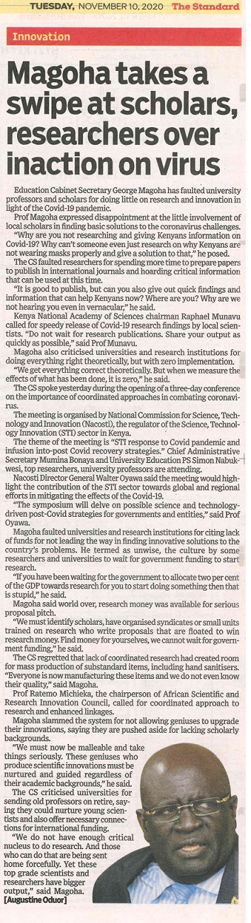 PROF. GEORGE MAGOHA, CBS, CABINET SECRETARY, MINISTRY OF EDUCATION TAKES A SWIPE AT SCHOLARS, RESEARCHERS OVER INACTION ON VIRUS