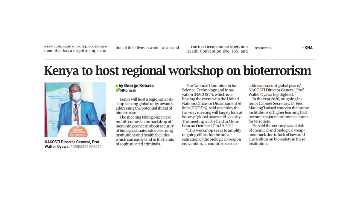 KENYA TO HOST REGIONAL WORKSHOP ON BIOTERRORISM